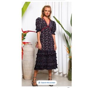 Celia B LuLu Floral Dot Dress Peasant Cottage Ruffle Midi Size Small Multicolor